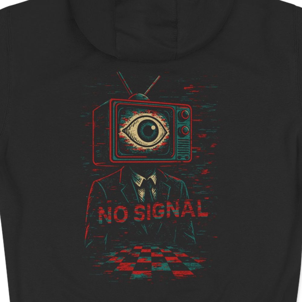 NO SIGNAL glitch TV head design close-up — retro tech streetwear art