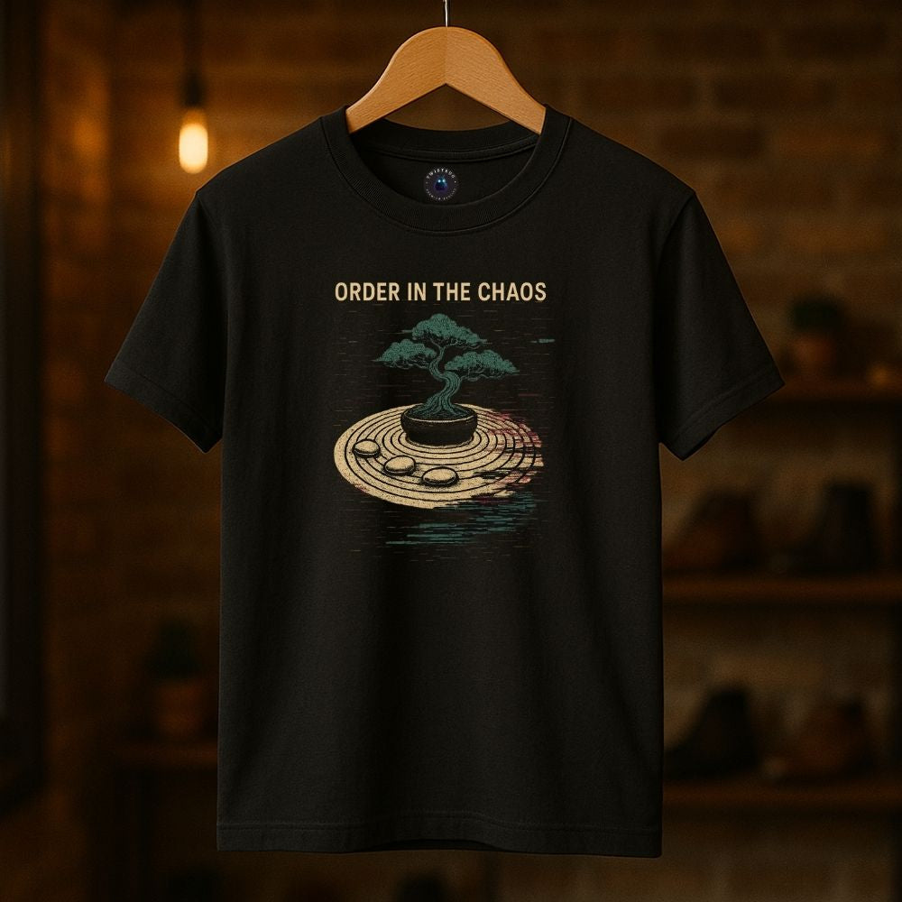 Black “Order in the Chaos” T-shirt hanging in cozy boutique with glitch bonsai artwork, warm ambient lighting.
