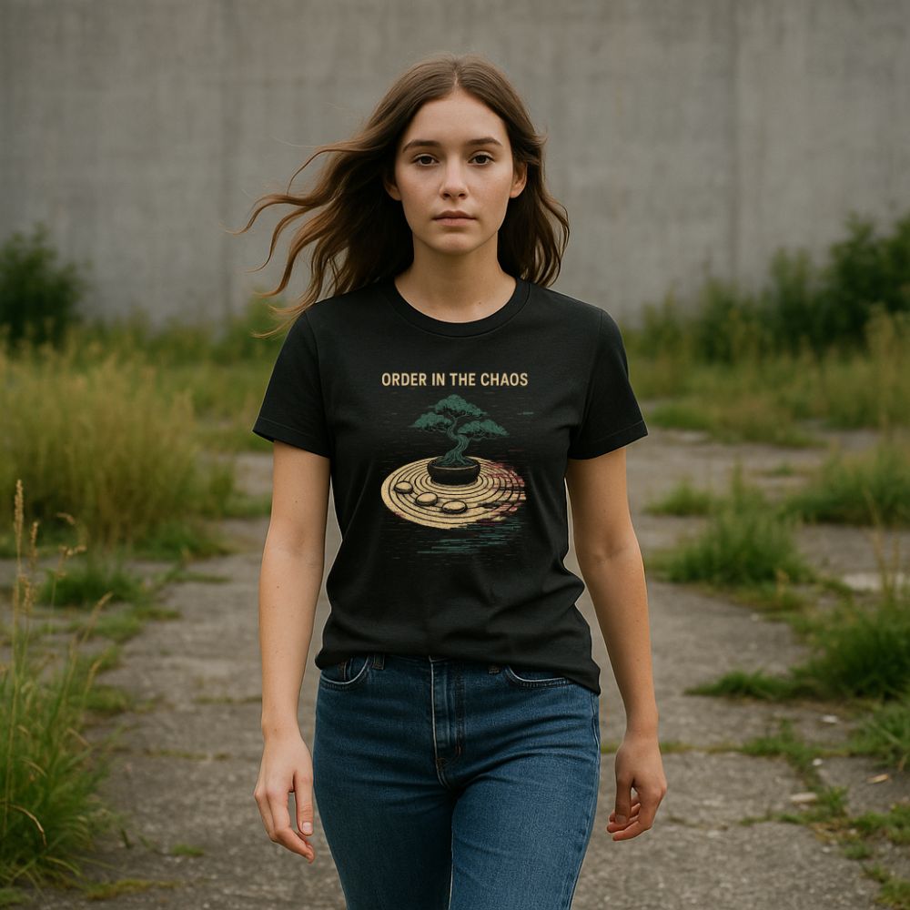 Woman walking in natural outdoor space wearing “Order in the Chaos” bonsai glitch T-shirt, calm and focused vibe.