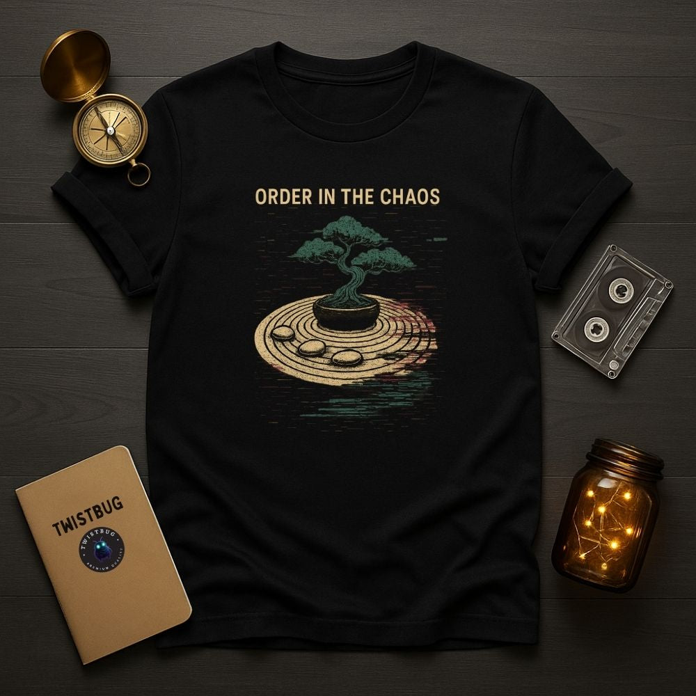 Flat lay of black “Order in the Chaos” T-shirt beside notebook, compass, cassette, and glowing jar lights on dark wood surface.
