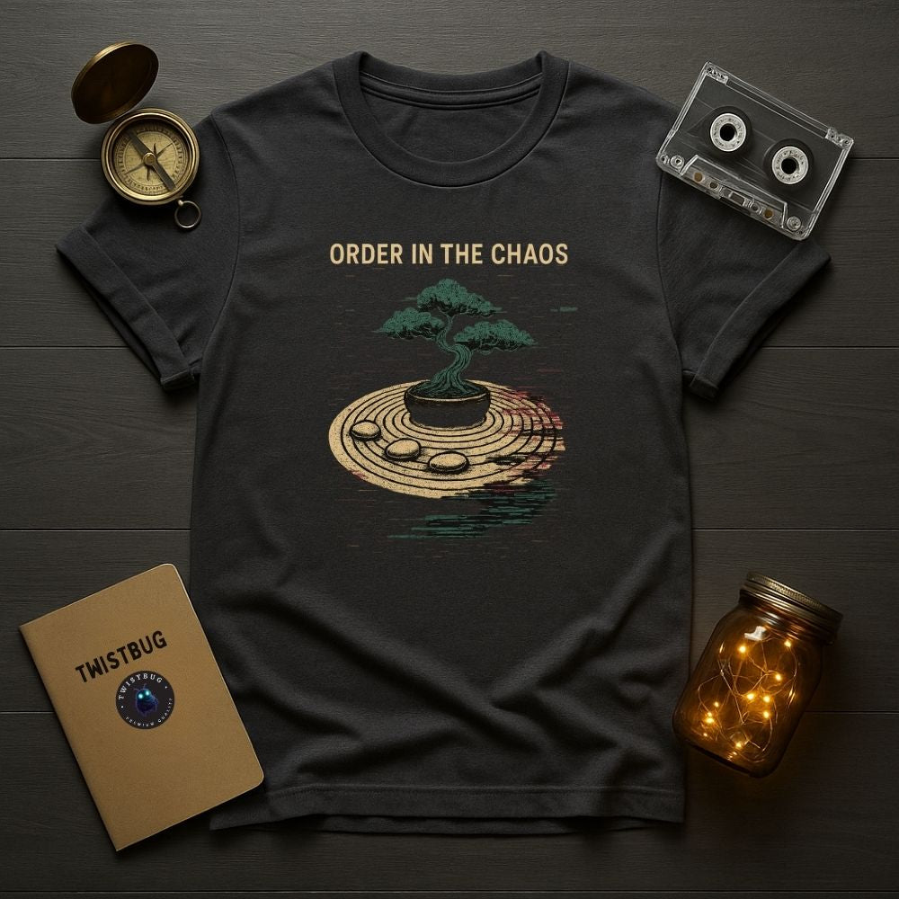 Flat lay of charcoal “Order in the Chaos” T-shirt with bonsai glitch art, styled with cassette tape, compass, and Twistbug notebook.