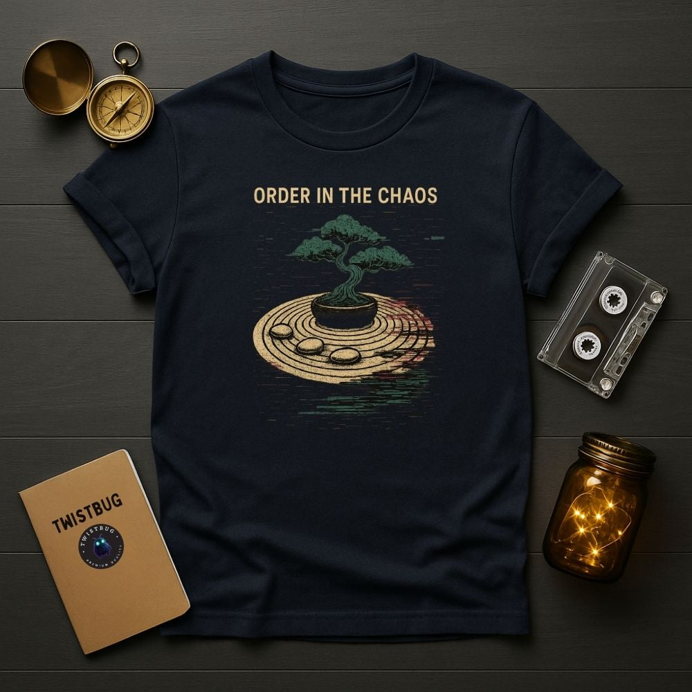 Flat lay of navy “Order in the Chaos” T-shirt with bonsai tree and zen rings, minimalist studio lighting setup.
