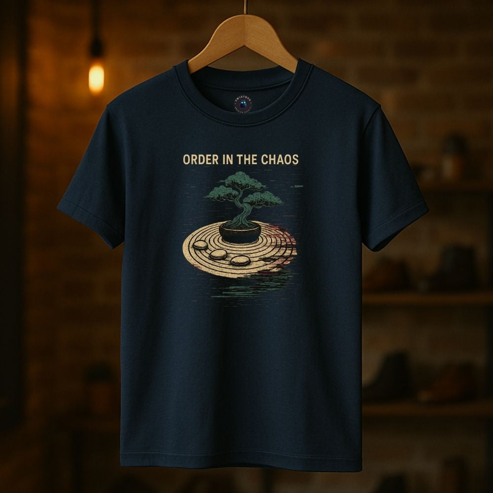 Navy “Order in the Chaos” T-shirt on hanger featuring glitch bonsai and concentric zen ring art, boutique background.