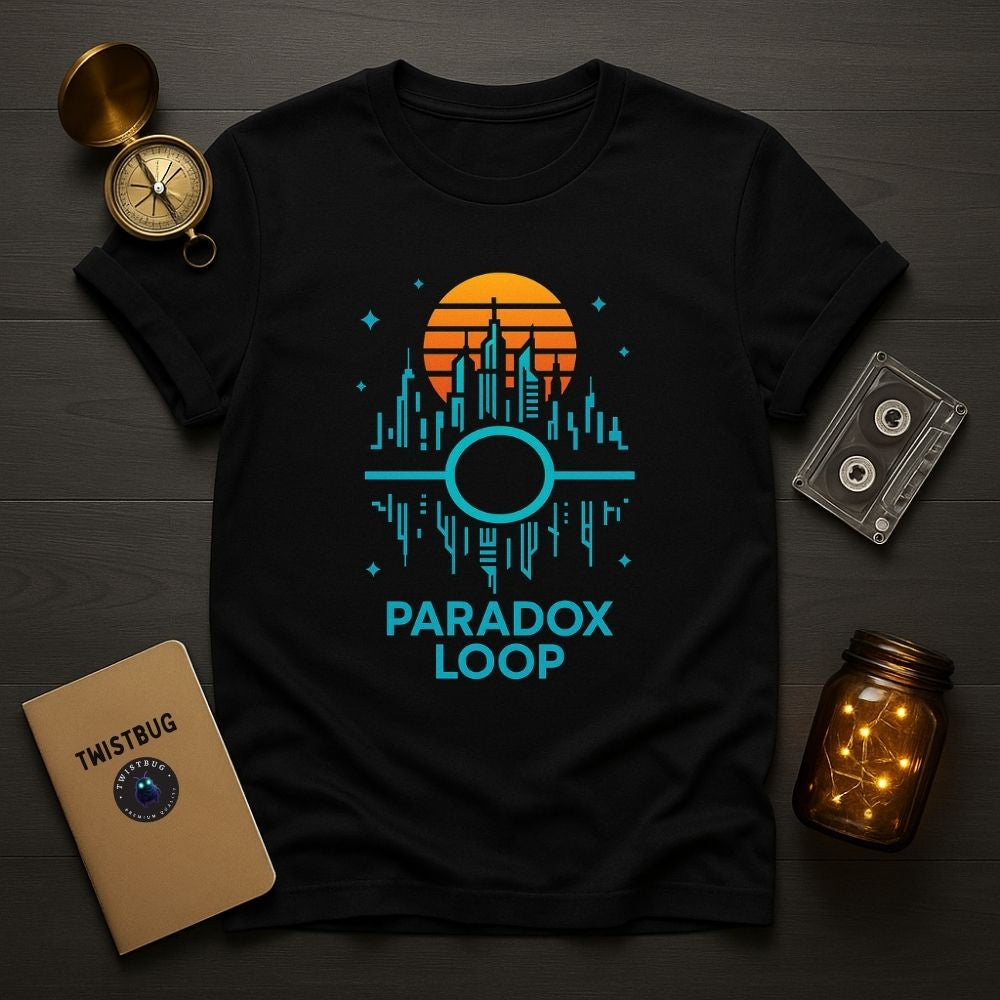 Black Paradox Loop T-shirt flatlay showing turquoise neon cityscape and orange sun design with retro props, Twistbug apparel