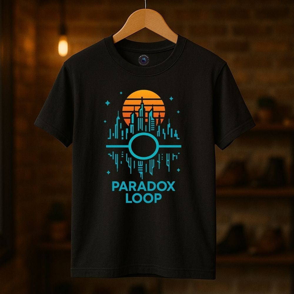 Black Paradox Loop T-shirt on hanger with turquoise city graphics and orange synthwave sun, sci-fi retro design by Twistbug