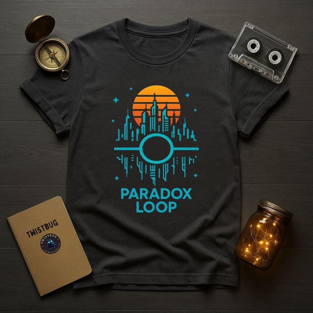 Dive into the loop. The Paradox Loop T-shirt blends neon sci-fi cityscape design with retro sunset colors for a bold futuristic vibe. Soft, vibrant, and uniquely Twistbug.