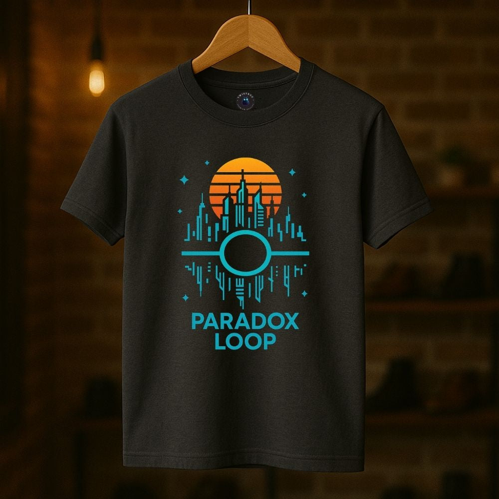 Charcoal Paradox Loop T-shirt on hanger featuring retro sunset cityscape and turquoise loop design, Twistbug retro aesthetic