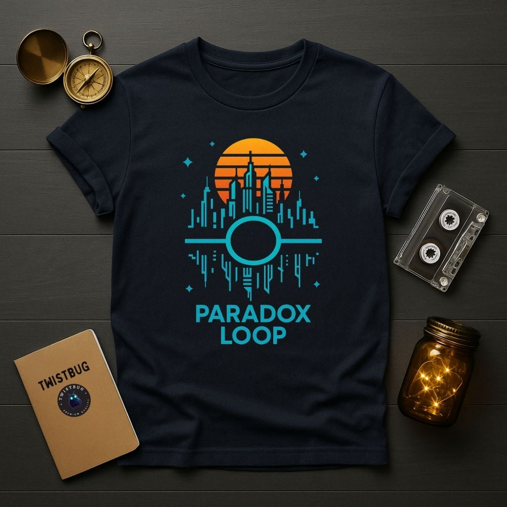 Flatlay of navy Paradox Loop T-shirt with retro city skyline and sunset loop graphic beside cassette tape and compass props