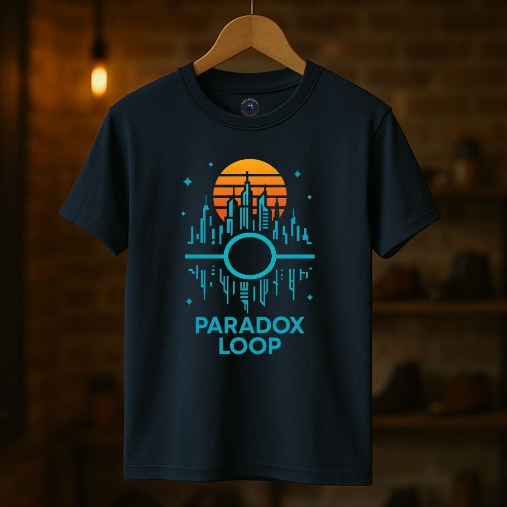 Navy Paradox Loop T-shirt on hanger with neon turquoise city skyline and sci-fi loop symbol under sunset, retro futuristic style