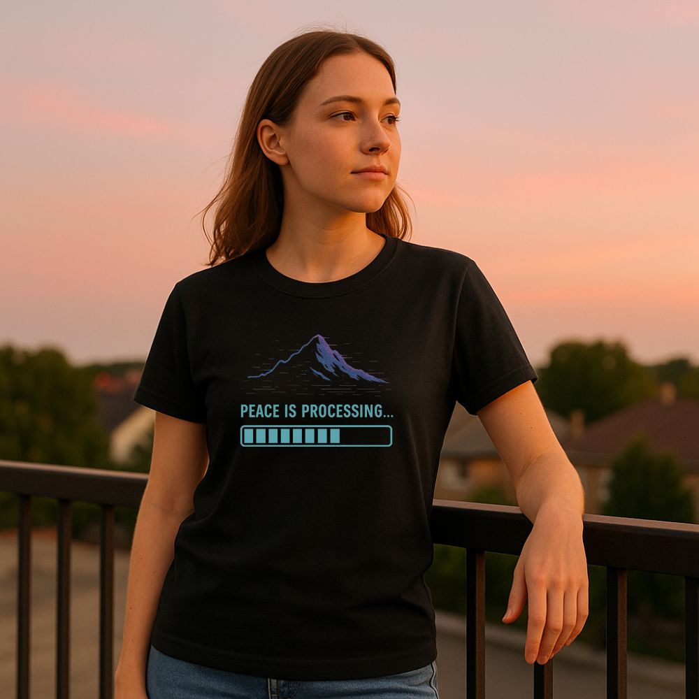 Woman standing on a balcony at sunset wearing black “Peace Is Processing” T-shirt with mountain graphic and progress bar, serene evening atmosphere.