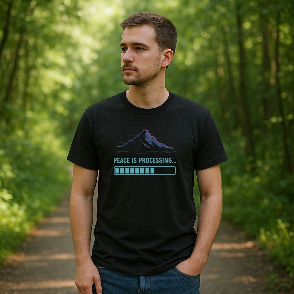 Man standing on a forest path wearing black “Peace Is Processing” T-shirt featuring a glowing mountain and loading bar design, calm outdoor setting.