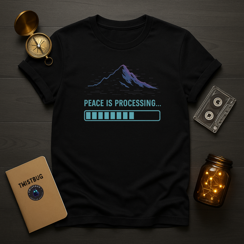Black: “Peace Is Processing t-shirt in black — neon mountain with progress bar by Twistbug”