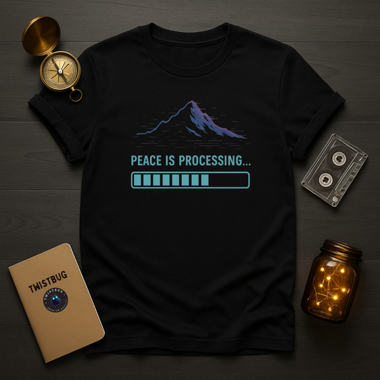 Black: “Peace Is Processing t-shirt in black — neon mountain with progress bar by Twistbug”
