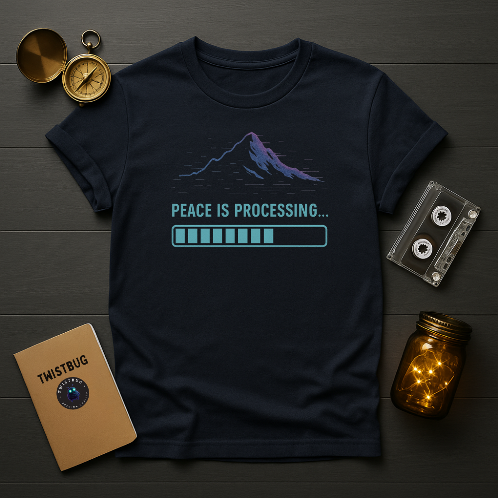 Navy: “Peace Is Processing t-shirt in navy — neon mountain with progress bar by Twistbug”