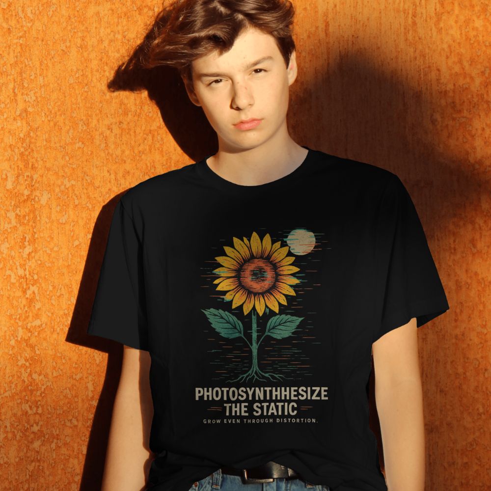 Man in warm sunlight wearing black ‘Photosynthesize the Static’ sunflower T-shirt, orange wall background.