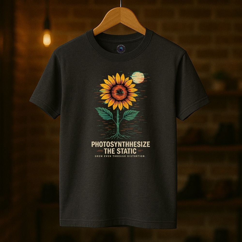 Charcoal tee on hanger featuring sunflower ‘Photosynthesize the Static’ design in warm boutique setting.