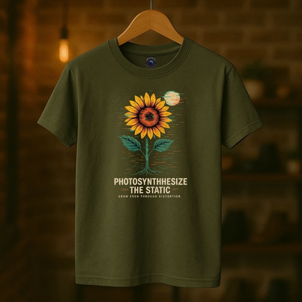 Military green T-shirt on hanger with sunflower glitch graphic and ‘Photosynthesize the Static.