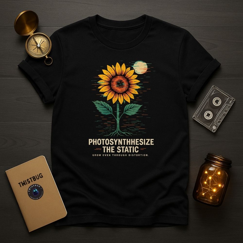 Black T-shirt with glitch sunflower graphic and text ‘Photosynthesize the Static’ – Twistbug