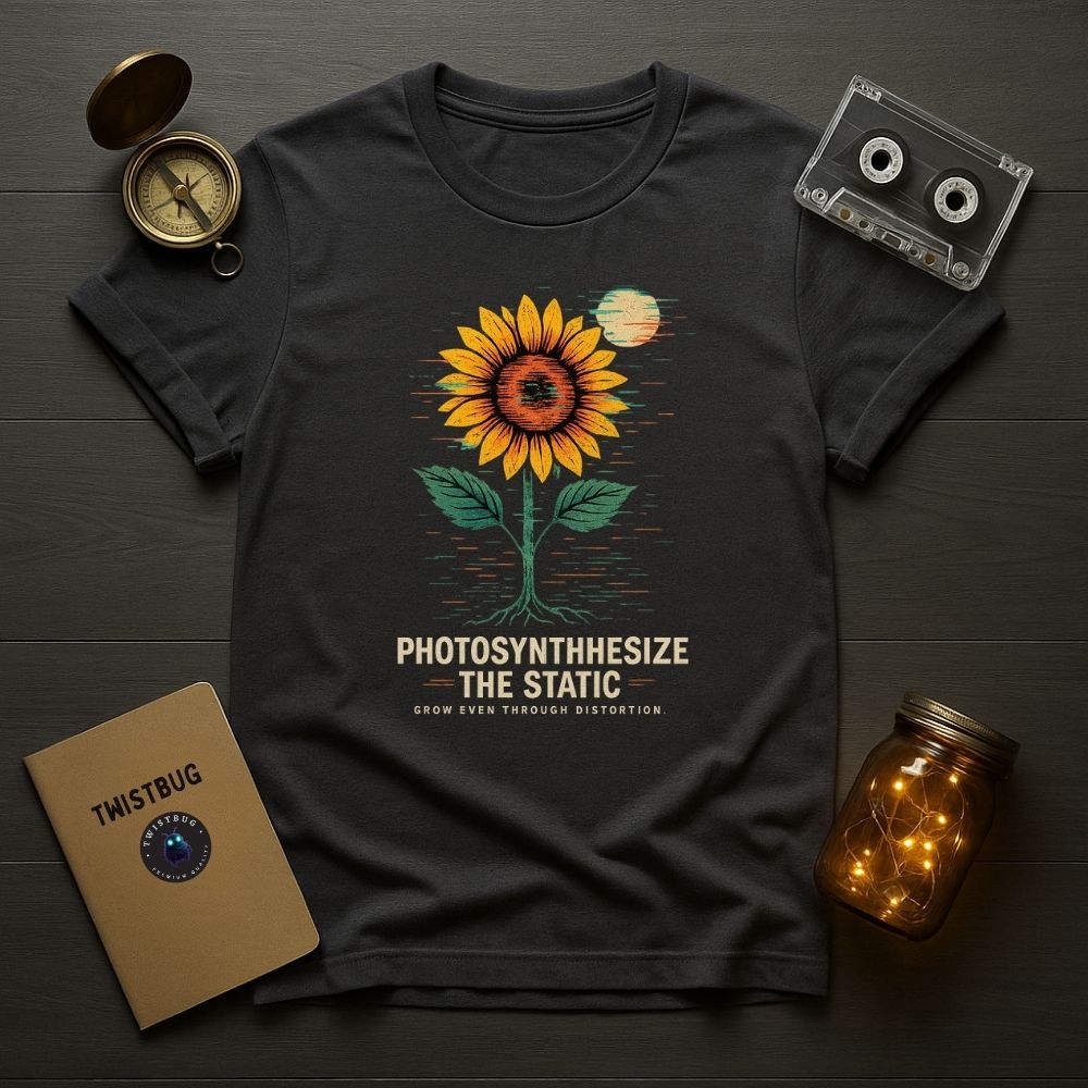 Charcoal glitch-effect sunflower graphic T-shirt, ‘Photosynthesize the Static