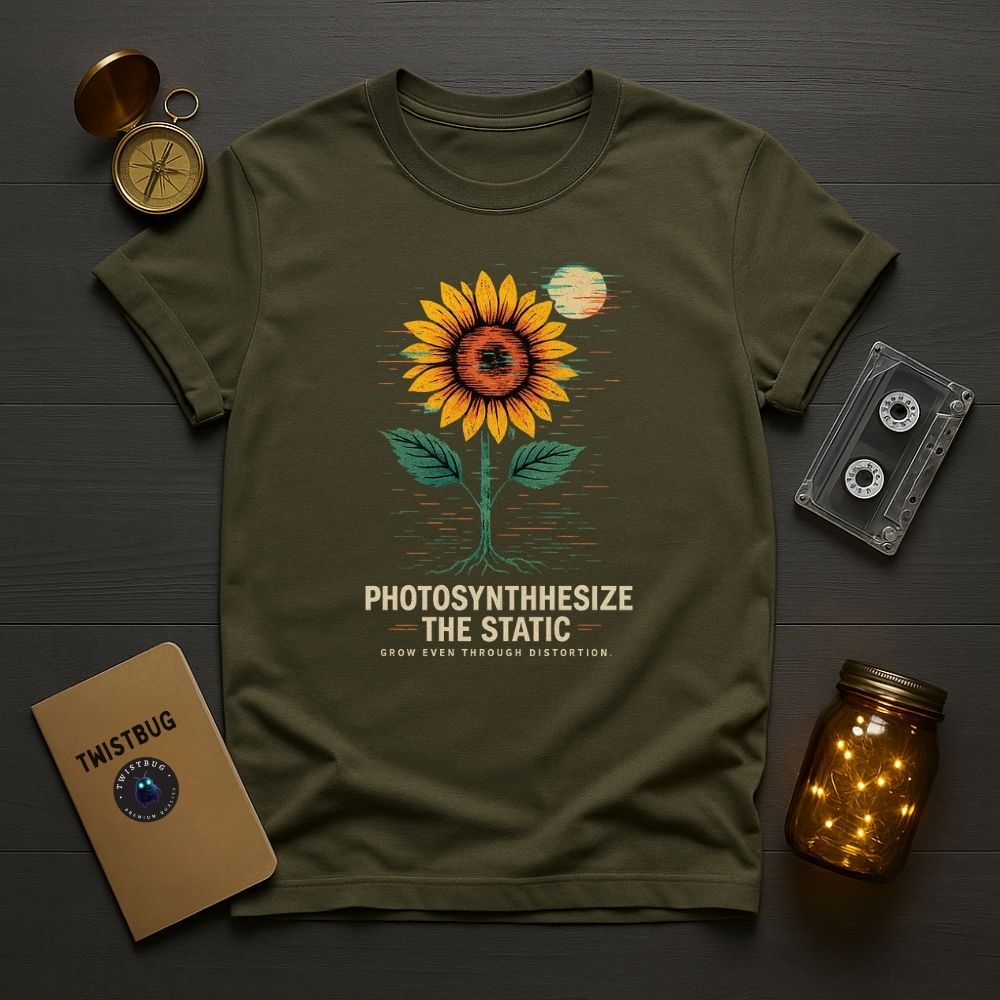 Military green sunflower glitch design T-shirt with motivational text