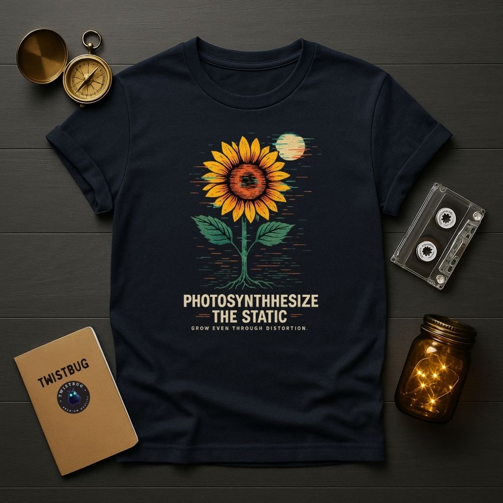 “Navy glitch sunflower tee with retro lines and ‘Photosynthesize the Static’ text