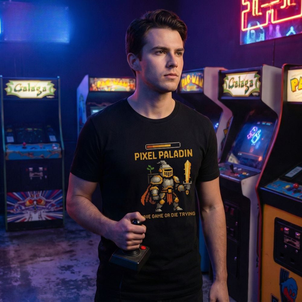 Male model wearing Twistbug “Pixel Paladin” retro gaming t-shirt in an arcade, holding a joystick, surrounded by neon machines.