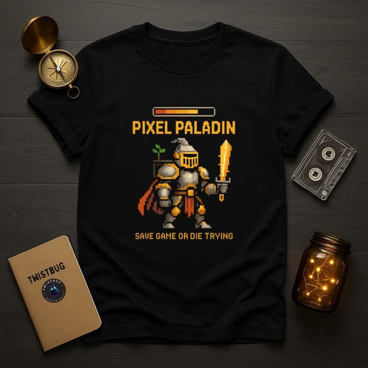 Twistbug “Pixel Paladin” retro knight t-shirt flatlay on black tee with cassette tape, compass, and warm lighting.