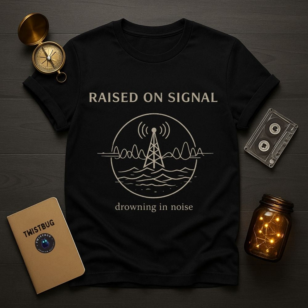 Black t-shirt with 'Raised on Signal' design on a wooden surface with vintage items.
