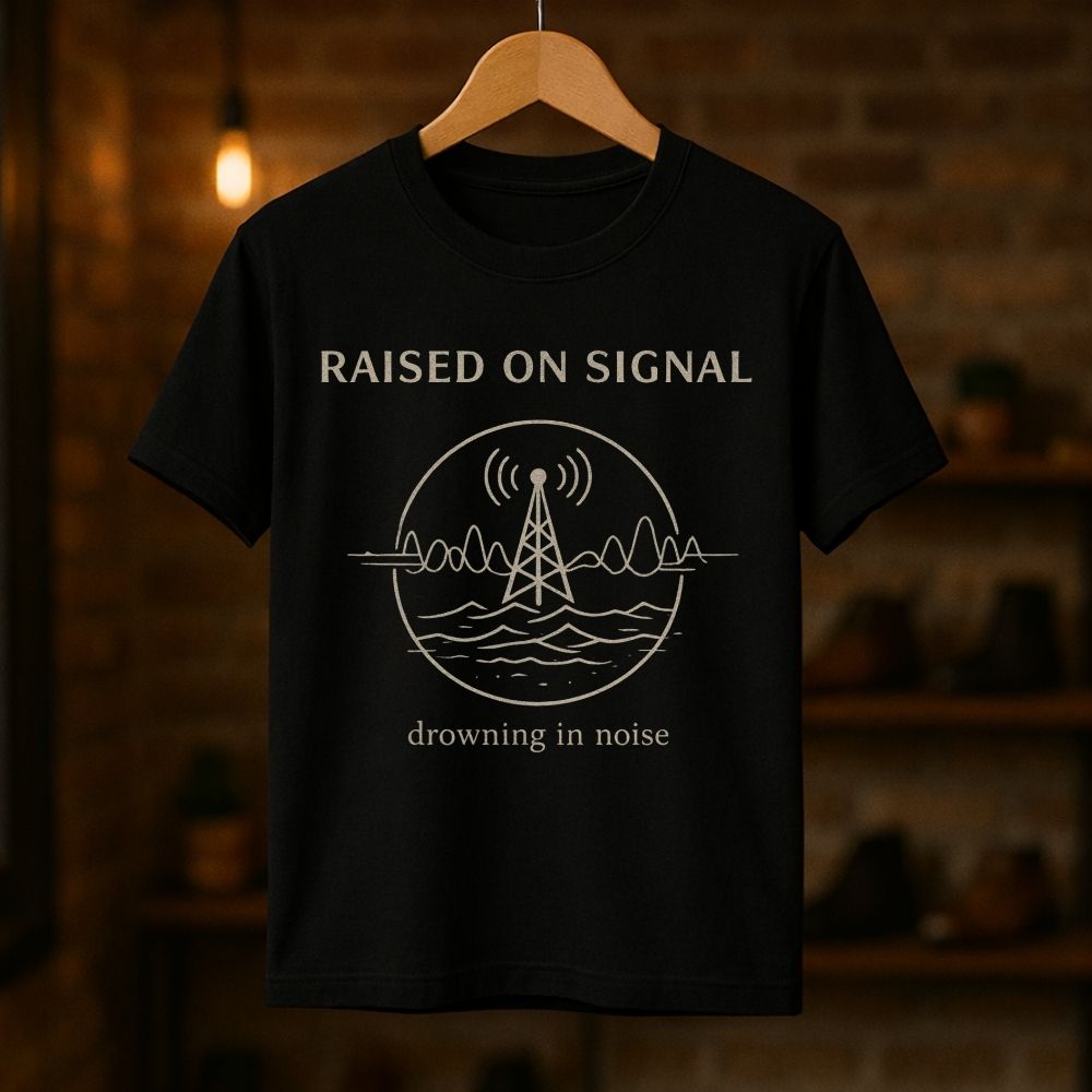 Black t-shirt with 'Raised on Signal' design on a wooden hanger against a dark background
