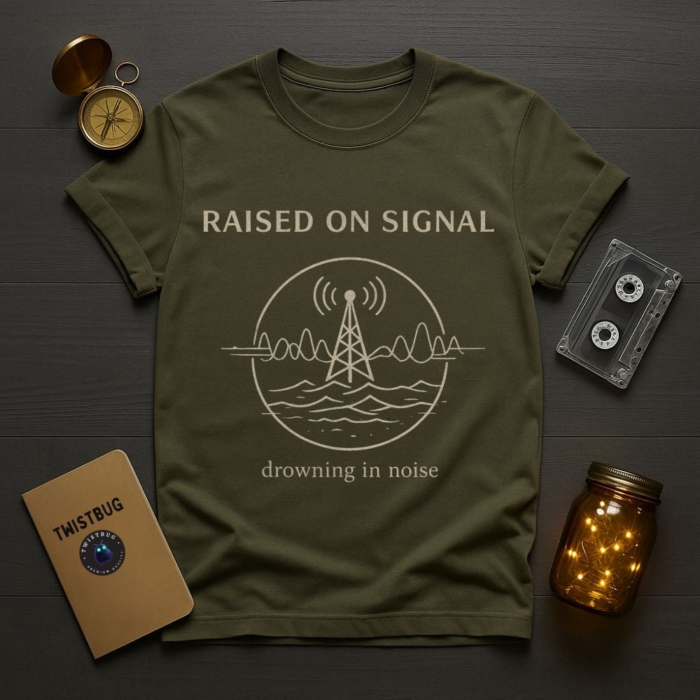 Green t-shirt with 'Raised on Signal' design on a wooden surface with vintage items.