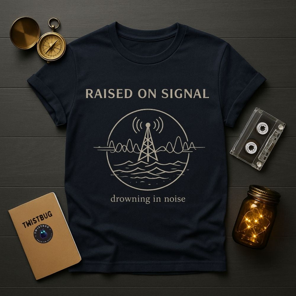 Navy blue t-shirt with 'Raised on Signal, drowning in Noise' design on a wooden surface with vintage items.