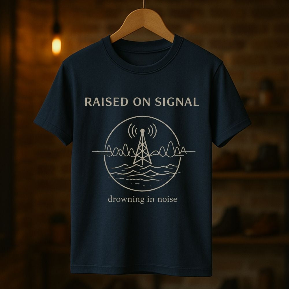 Navy blue t-shirt with 'Raised on Signal' design on a wooden hanger against a dark background