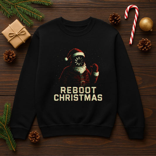 Black glitch Santa Reboot Christmas sweatshirt flatlay on wooden holiday background