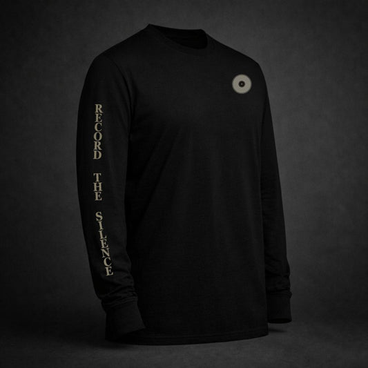 Black long sleeve shirt with vinyl record icon on the chest and “Record the Silence” printed down the sleeve