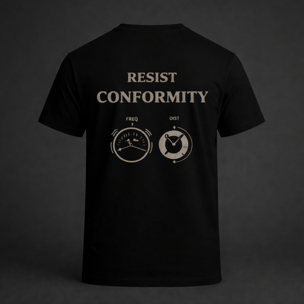 Back view of black t-shirt with Resist Conformity analog dial design