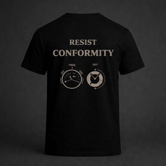 Back view of black t-shirt with Resist Conformity analog dial design