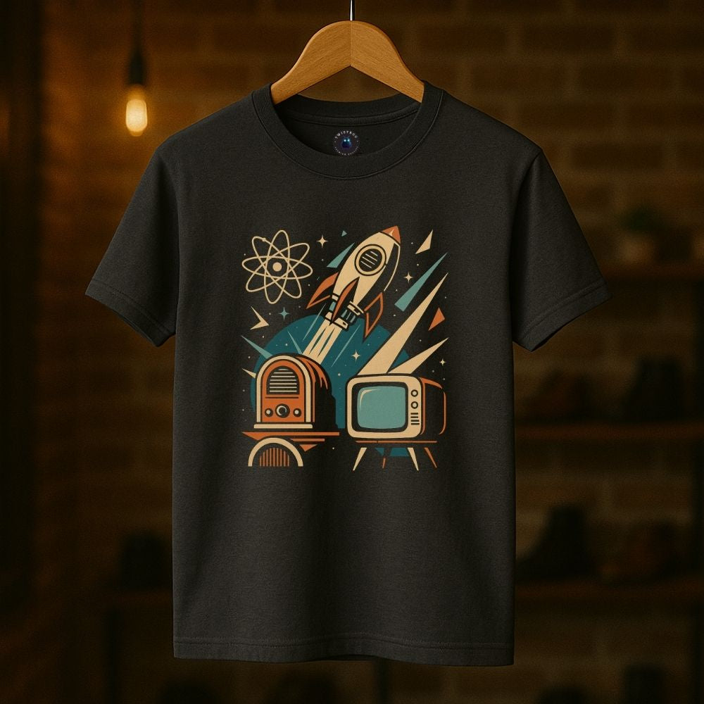 Charcoal vintage technology T-shirt with atomic symbol, rocket ship, and retro electronics on display hanger.