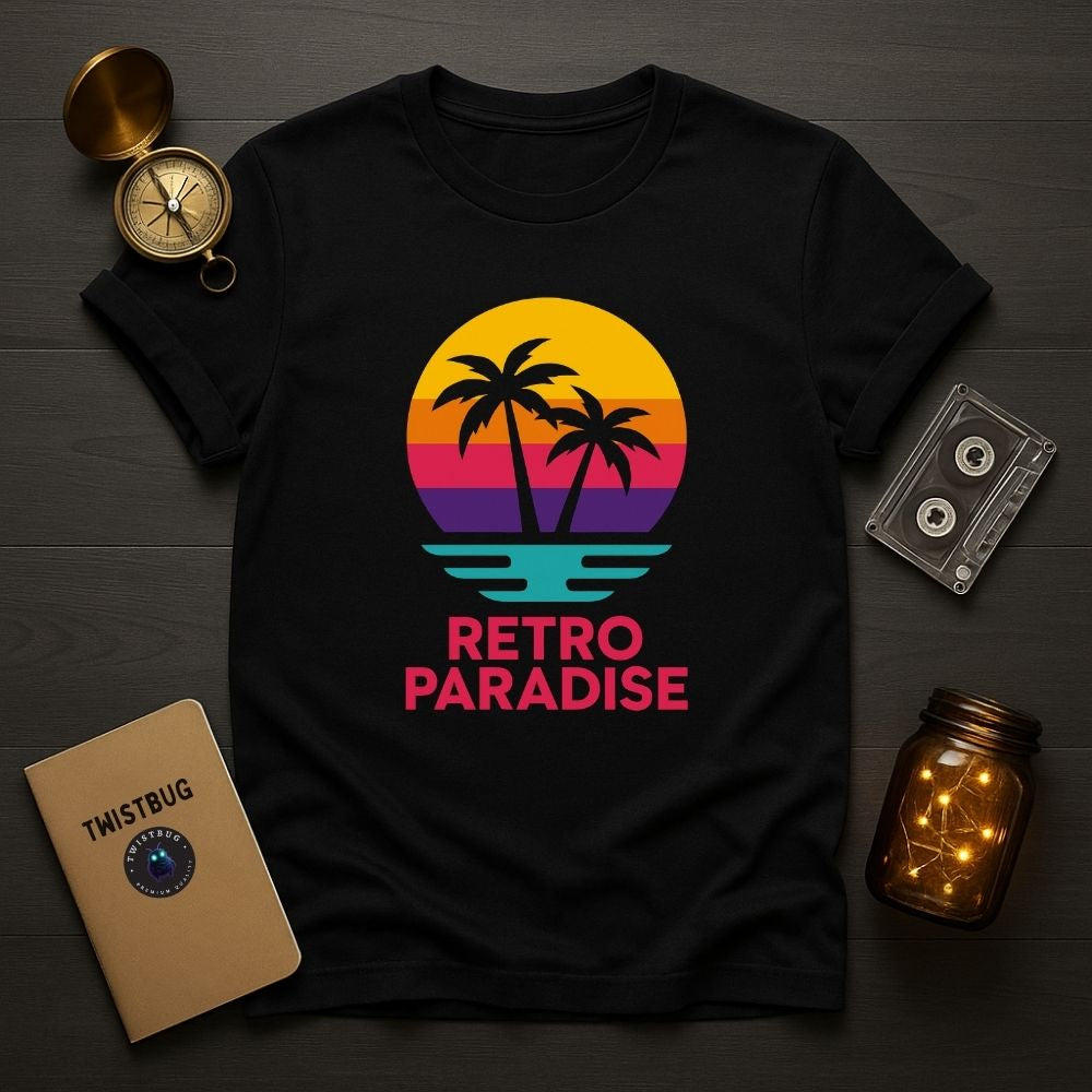 Flatlay of black Retro Paradise T-shirt with retro sunset palm tree artwork, cassette tape and lantern props, Twistbug apparel