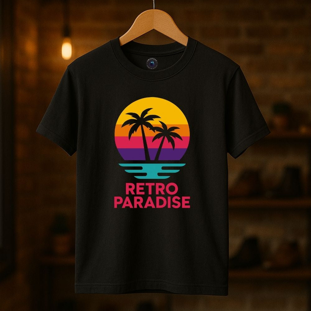 Black Retro Paradise T-shirt on hanger with colorful retro sunset palm tree design, Twistbug apparel mockup