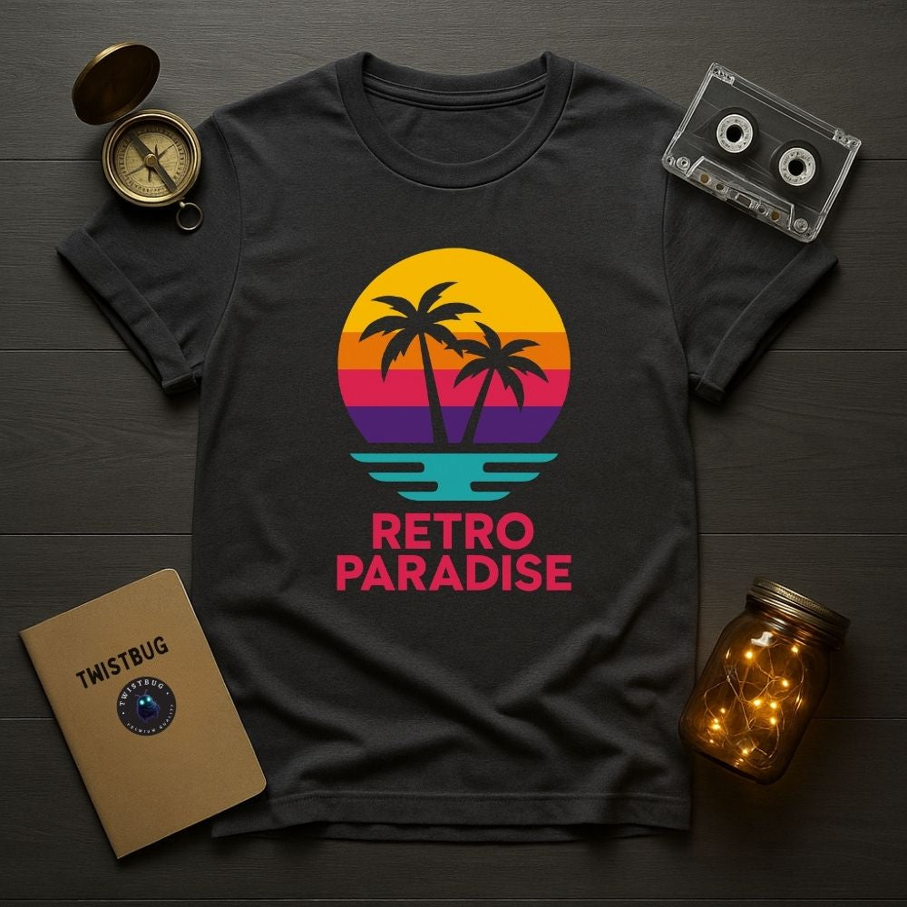 Flatlay of charcoal Retro Paradise T-shirt with colorful palm tree sunset design, retro accessories, Twistbug T-shirt