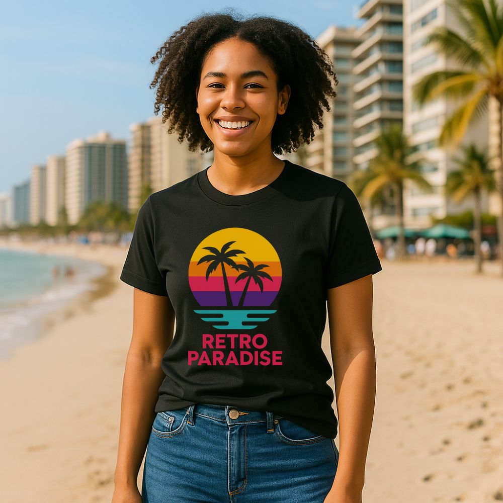 Woman wearing a black Retro Paradise T-shirt on a sunny beach, vibrant sunset palm tree design, Twistbug summer lifestyle mockup