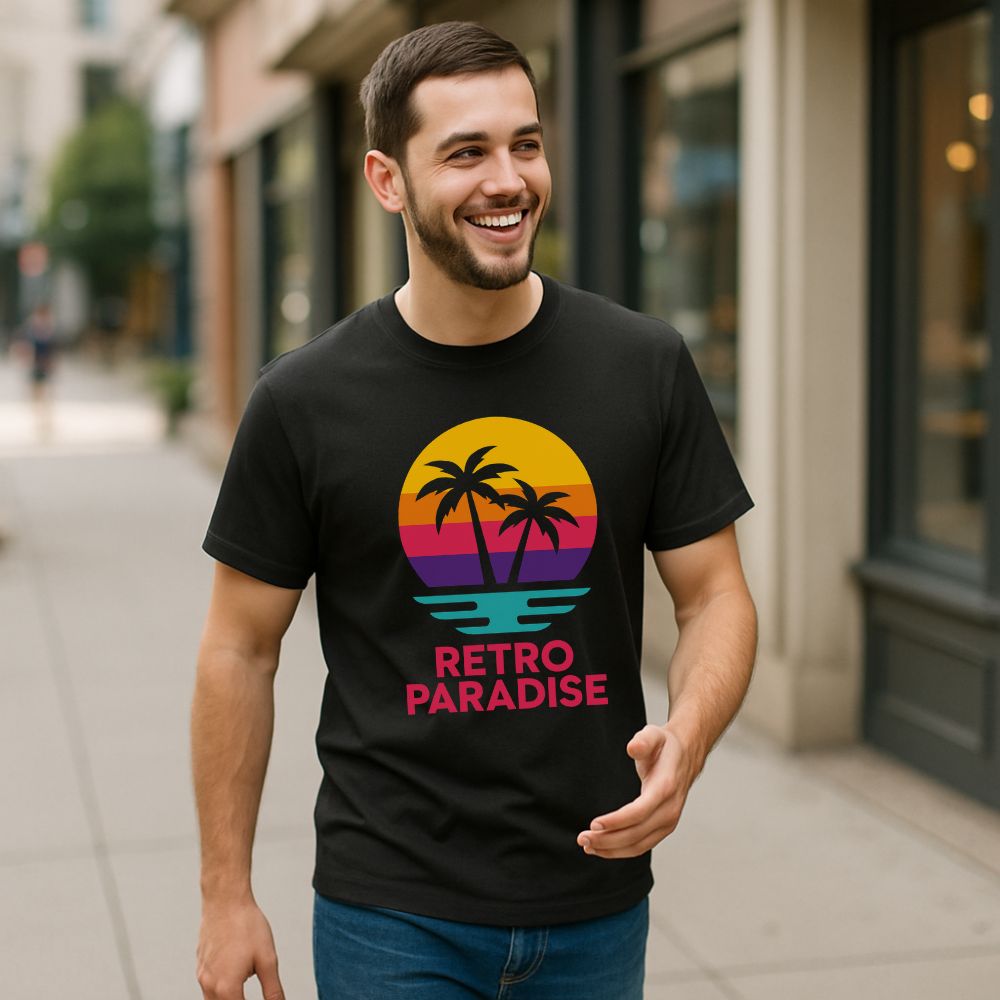 Man wearing a black Retro Paradise T-shirt walking in the city, retro sunset palm tree design, Twistbug apparel mockup