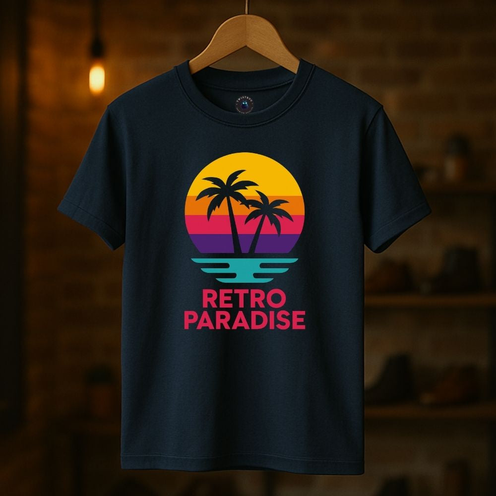 Navy Retro Paradise T-shirt on hanger with vibrant palm tree retro sunset graphic, Twistbug clothing mockup
