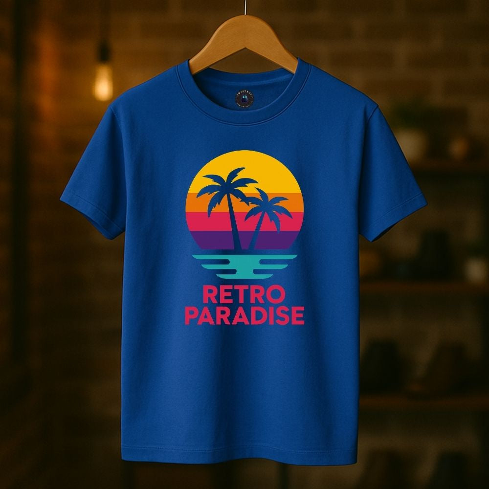 Royal blue Retro Paradise T-shirt on hanger with retro sunset palm tree graphic, Twistbug T-shirt mockup