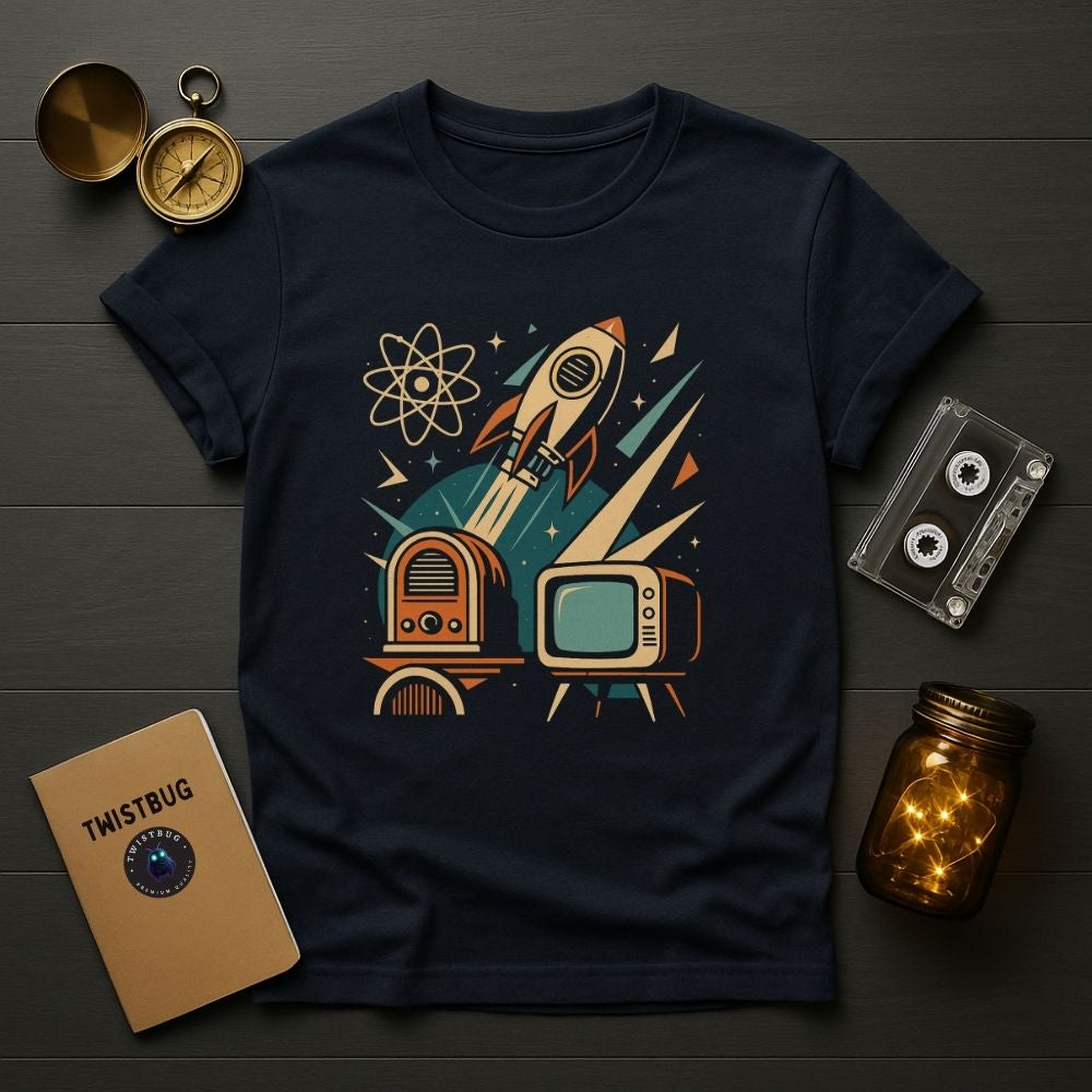 Navy retro rocket and atomic design shirt laid flat with cassette tape, compass, and notebook on wooden surface.
