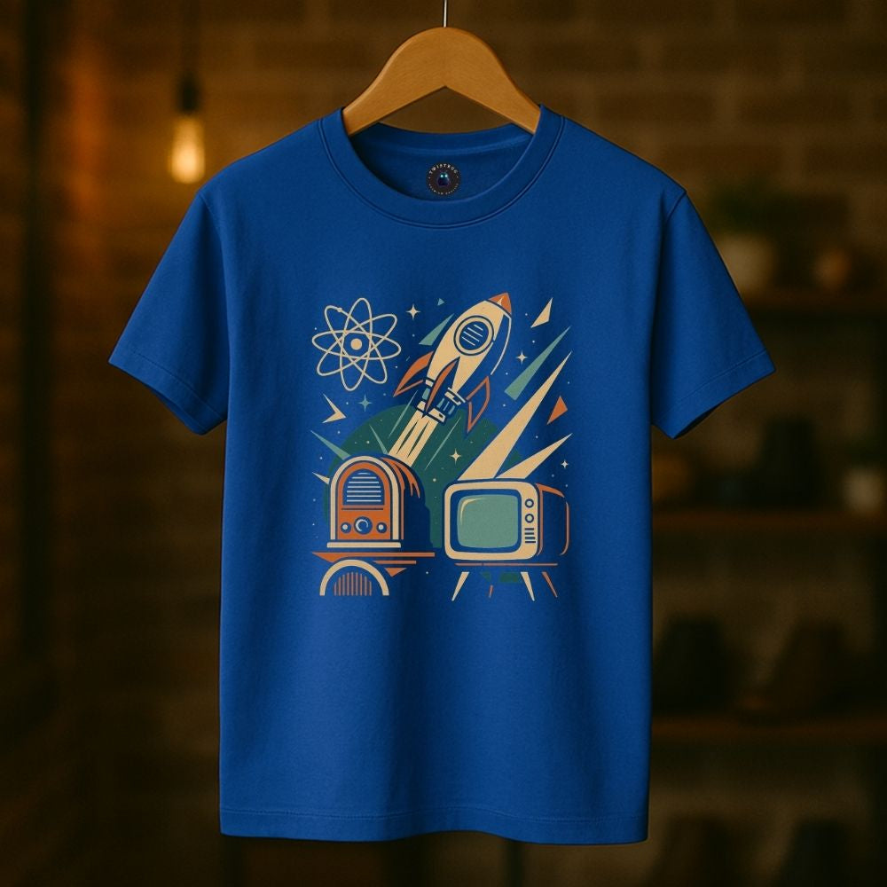 Royal blue retro space rocket T-shirt with vintage TV and radio icons on hanger in warm studio setting.