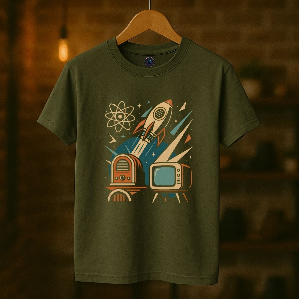 Olive green retro technology shirt with rocket launch, atomic symbol, and mid-century TV and radio on hanger.