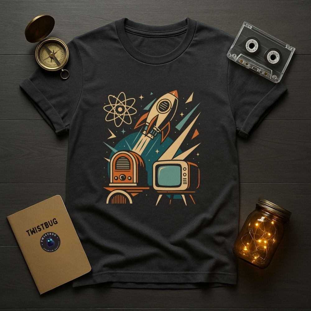Charcoal mid-century retro rocket T-shirt with vintage radio and CRT TV flatlay next to cassette tape and compass.