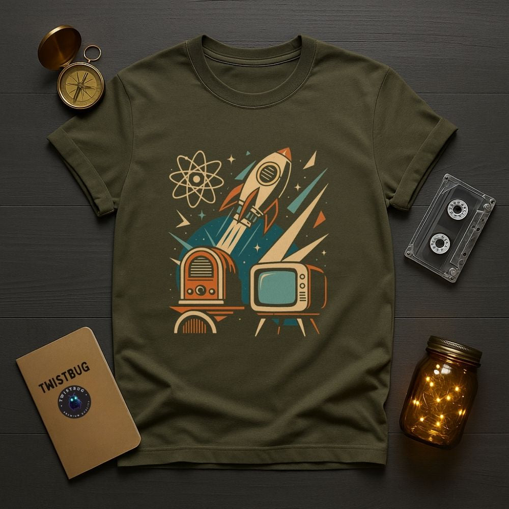 Olive green mid-century retro rocket T-shirt with vintage radio and CRT TV flatlay next to cassette tape and compass.