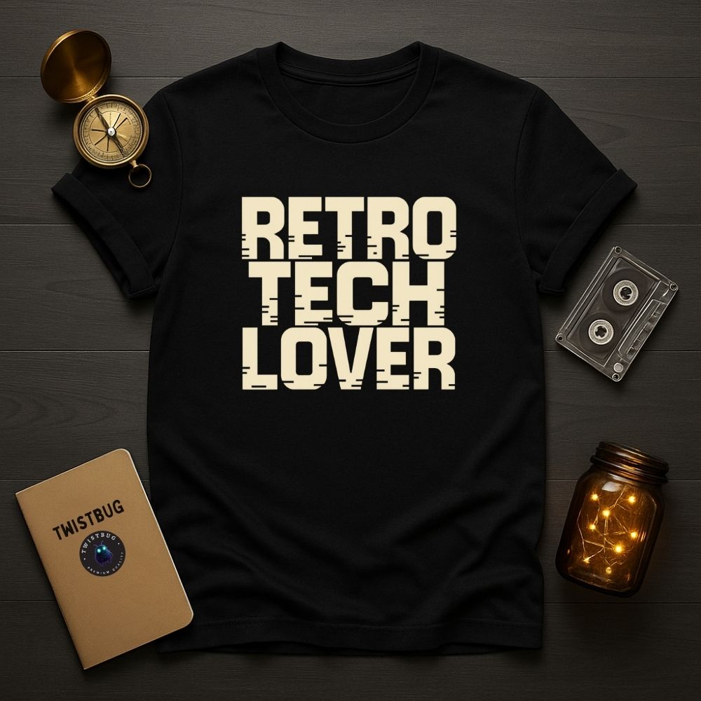 Black Twistbug t-shirt reading “Retro Tech Lover,” flat lay on dark desk with compass, cassette, and jar lights.